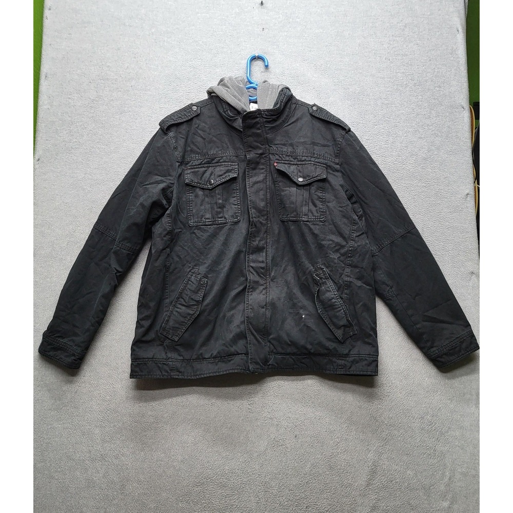 Levi's Men Jacket XXL Black Trucker Hooded Utility‎ Sherpa Lined Flap Pocket Y2K